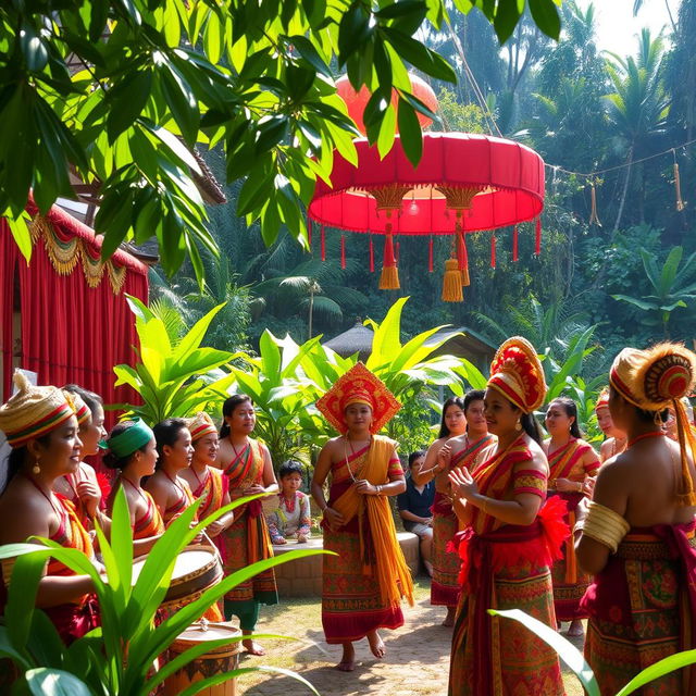 A vibrant scene depicting the traditional Upacara Adat Mamose ceremony, showcasing colorful cultural attire worn by participants