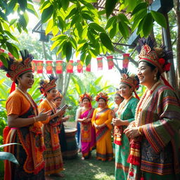 A vibrant scene depicting the traditional Upacara Adat Mamose ceremony, showcasing colorful cultural attire worn by participants