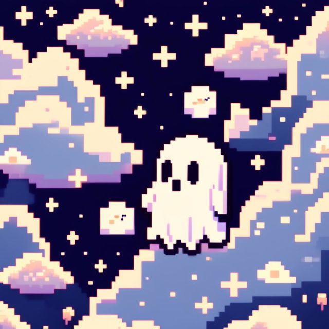 Pixel art profile picture of a cute ghost floating amidst fluffy pixelated clouds against a star-speckled midnight blue background