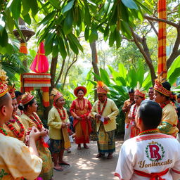 A vibrant scene depicting the traditional Upacara Adat Mamose ceremony, showcasing colorful cultural attire worn by participants