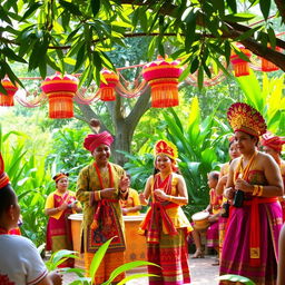 A vibrant scene depicting the traditional Upacara Adat Mamose ceremony, showcasing colorful cultural attire worn by participants