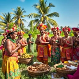 A traditional Mamose ceremony, showcasing vibrant cultural attire and elaborate decorations, set in a lush green landscape