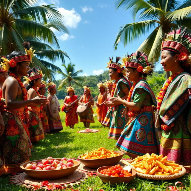 A traditional Mamose ceremony, showcasing vibrant cultural attire and elaborate decorations, set in a lush green landscape