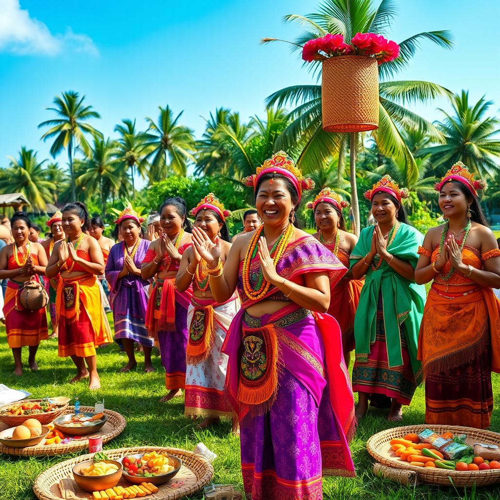 A traditional Mamose ceremony, showcasing vibrant cultural attire and elaborate decorations, set in a lush green landscape