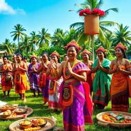 A traditional Mamose ceremony, showcasing vibrant cultural attire and elaborate decorations, set in a lush green landscape