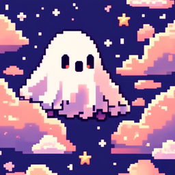 Pixel art profile picture of a cute ghost floating amidst fluffy pixelated clouds against a star-speckled midnight blue background