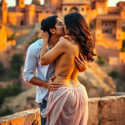 A sensual scene set at a breathtaking Rajasthani fort featuring Nushrat Bharucha wearing a low waist chiffon short skirt