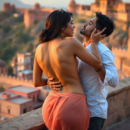 A sensual scene set at a breathtaking Rajasthani fort featuring Nushrat Bharucha wearing a low waist chiffon short skirt