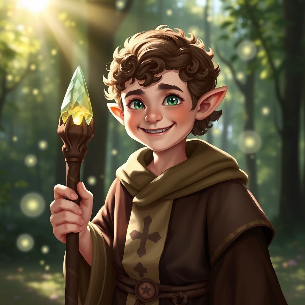 A portrait of a Lightfoot Halfling cleric, characterized by their cheerful demeanor and warm smile, wearing a traditional cleric's robe adorned with symbols of light and healing