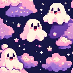 Pixel art profile picture of a cute ghost floating amidst fluffy pixelated clouds against a star-speckled midnight blue background