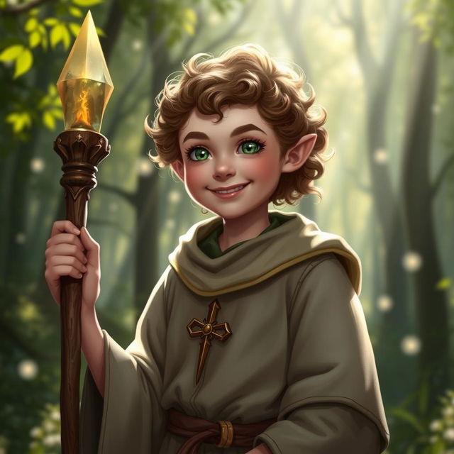 A portrait of a Lightfoot Halfling cleric, characterized by their cheerful demeanor and warm smile, wearing a traditional cleric's robe adorned with symbols of light and healing