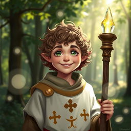 A portrait of a Lightfoot Halfling cleric, characterized by their cheerful demeanor and warm smile, wearing a traditional cleric's robe adorned with symbols of light and healing