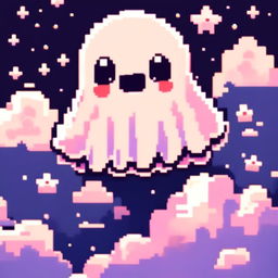 Pixel art profile picture of a cute ghost floating amidst fluffy pixelated clouds against a star-speckled midnight blue background