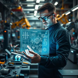 A talented engineer in a futuristic workshop, wearing a sleek, modern outfit with glasses