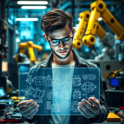 A talented engineer in a futuristic workshop, wearing a sleek, modern outfit with glasses