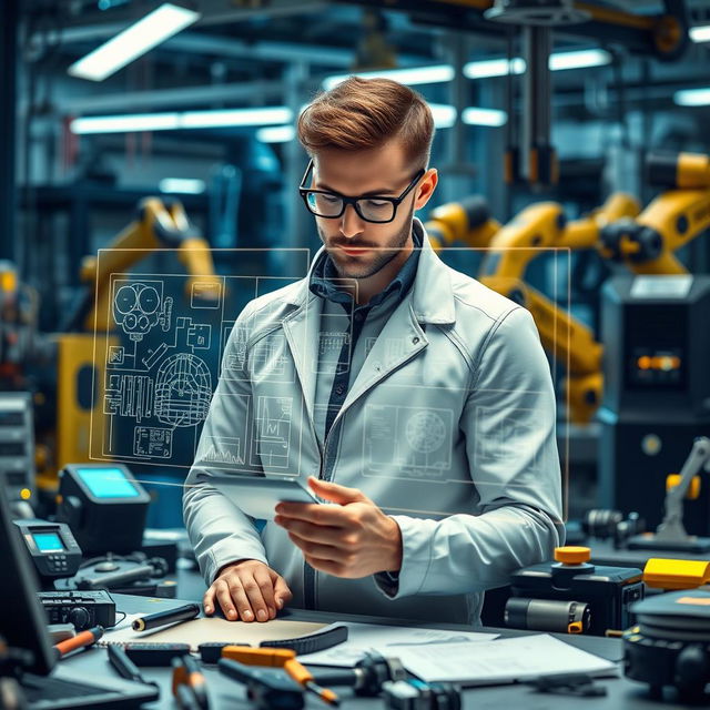 A talented engineer in a futuristic workshop, wearing a sleek, modern outfit with glasses