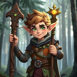 A resilient Halfling cleric, standing confidently, showcasing a blend of sturdy armor and religious symbols
