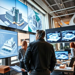 A skilled BIM (Building Information Modeling) modeller in a modern office setting, showcasing a dynamic workspace filled with large screens displaying intricate 3D building models and digital blueprints