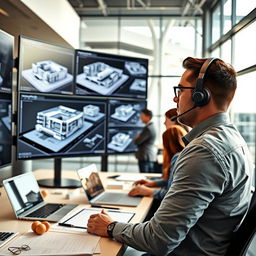 A skilled BIM (Building Information Modeling) modeller in a modern office setting, showcasing a dynamic workspace filled with large screens displaying intricate 3D building models and digital blueprints