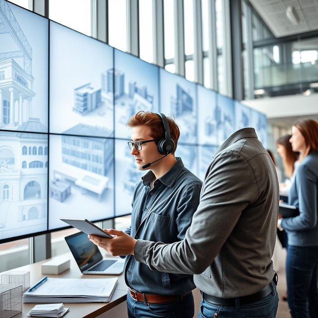 A skilled BIM (Building Information Modeling) modeller in a modern office setting, showcasing a dynamic workspace filled with large screens displaying intricate 3D building models and digital blueprints