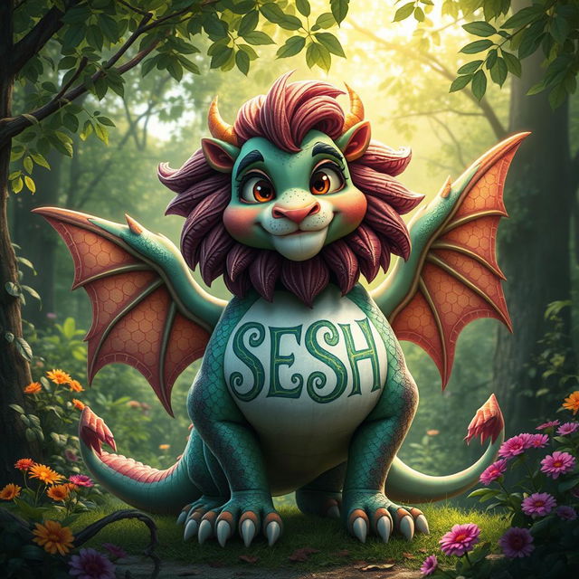 A fantastical creature featuring the word 'SESH' emblazoned on its chest