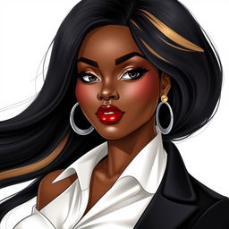 A hyper-realistic illustration of a curvy, sophisticated African American woman