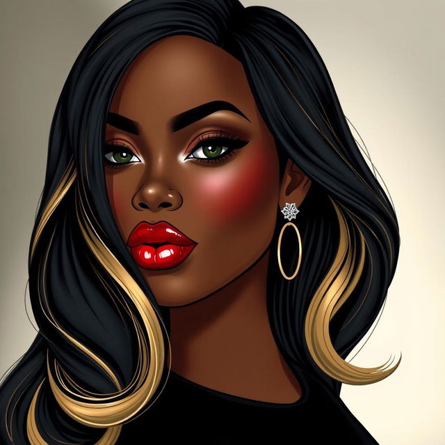 A hyper-realistic illustration of a curvy, sophisticated African American woman