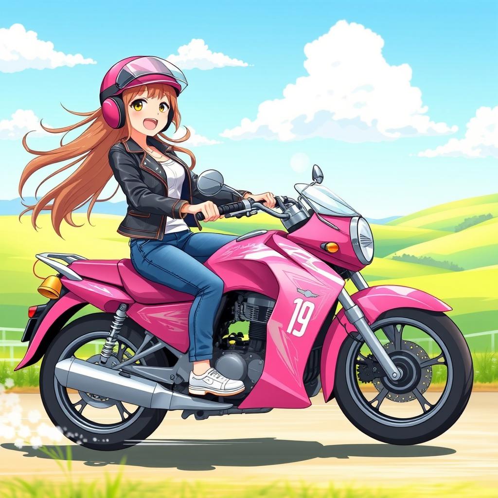 Anime-style illustration of a 19-year-old girl joyfully riding a bright pink motorcycle