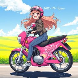 Anime-style illustration of a 19-year-old girl joyfully riding a bright pink motorcycle