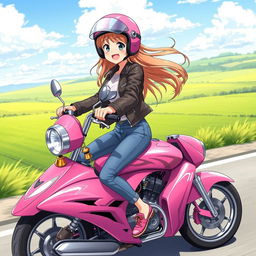 Anime-style illustration of a 19-year-old girl joyfully riding a bright pink motorcycle