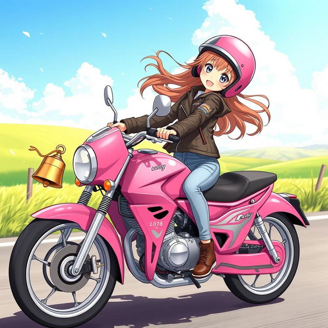 Anime-style illustration of a 19-year-old girl joyfully riding a bright pink motorcycle