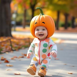 A cute baby with a small pumpkin for a head, smiling joyfully as they walk