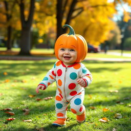 A cute baby with a small pumpkin for a head, smiling joyfully as they walk