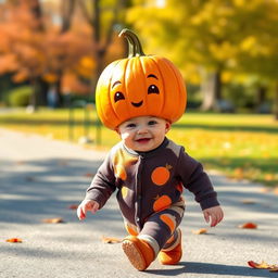 A cute baby with a small pumpkin for a head, smiling joyfully as they walk