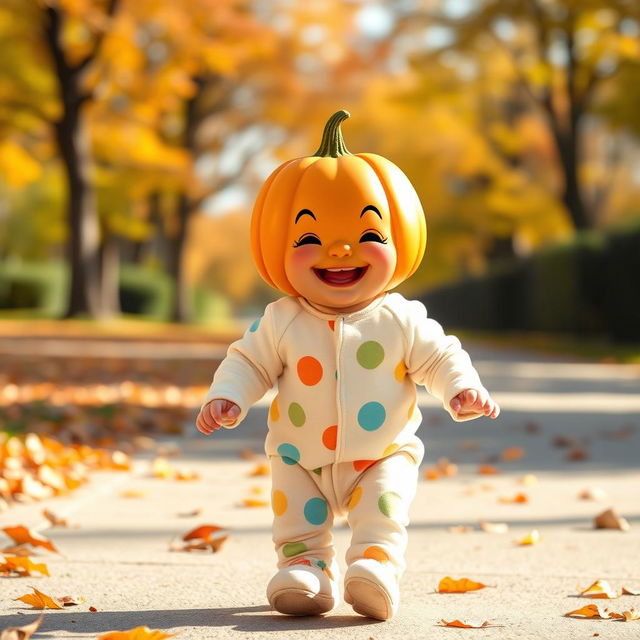 A cute baby with a small pumpkin for a head, smiling joyfully as they walk