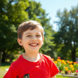 A young boy with short brown hair, smiling happily while playing in a sunny park