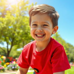 A young boy with short brown hair, smiling happily while playing in a sunny park