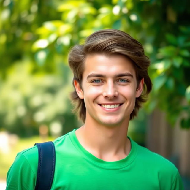 A portrait of a young male with brown hair, wearing a vibrant green shirt