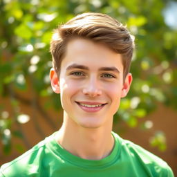A portrait of a young male with brown hair, wearing a vibrant green shirt