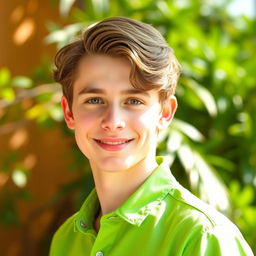 A portrait of a young male with brown hair, wearing a vibrant green shirt