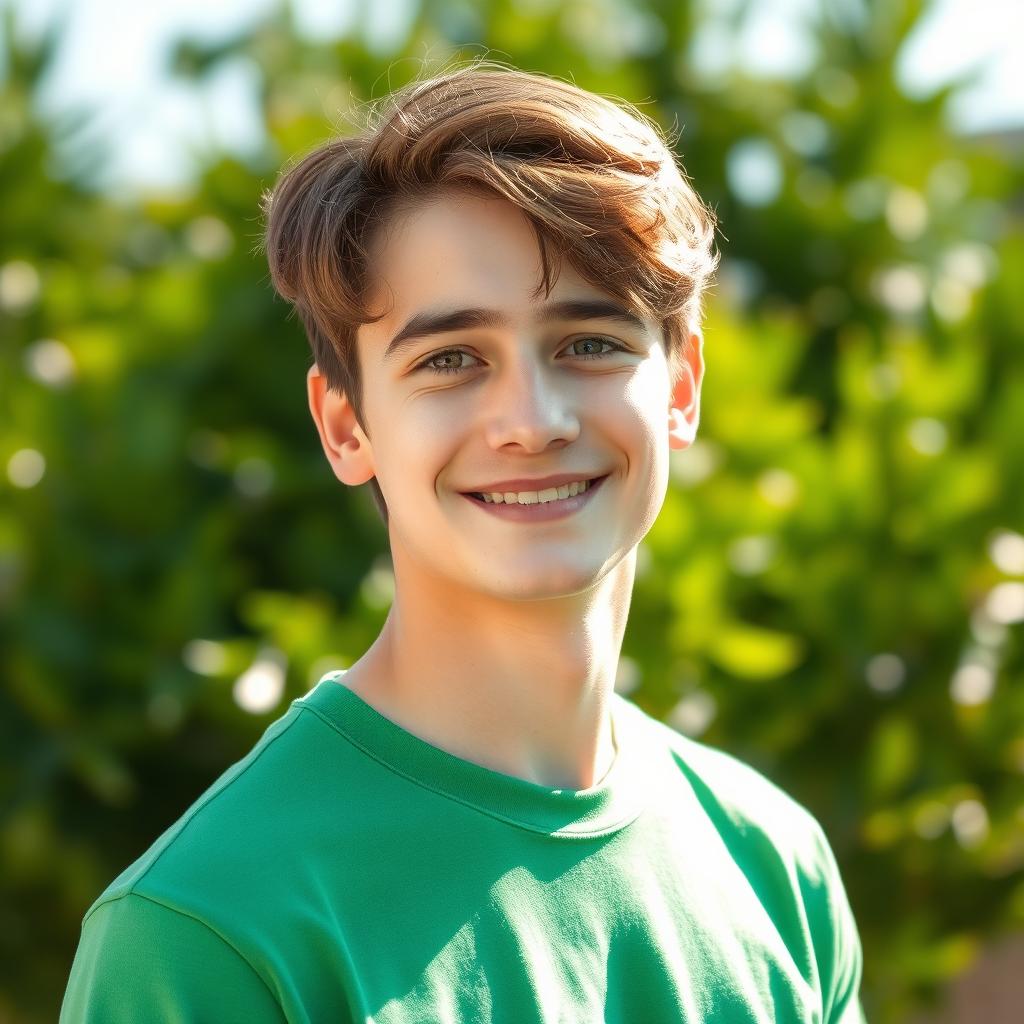 A portrait of a young male with brown hair, wearing a vibrant green shirt