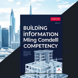 A modern book cover design for the title 'Building Information Modelling Competency' featuring a sleek, futuristic architectural skyline in the background