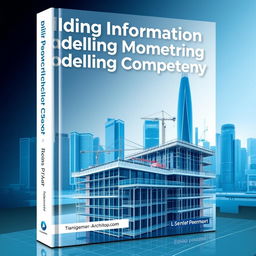 A modern book cover design for the title 'Building Information Modelling Competency' featuring a sleek, futuristic architectural skyline in the background