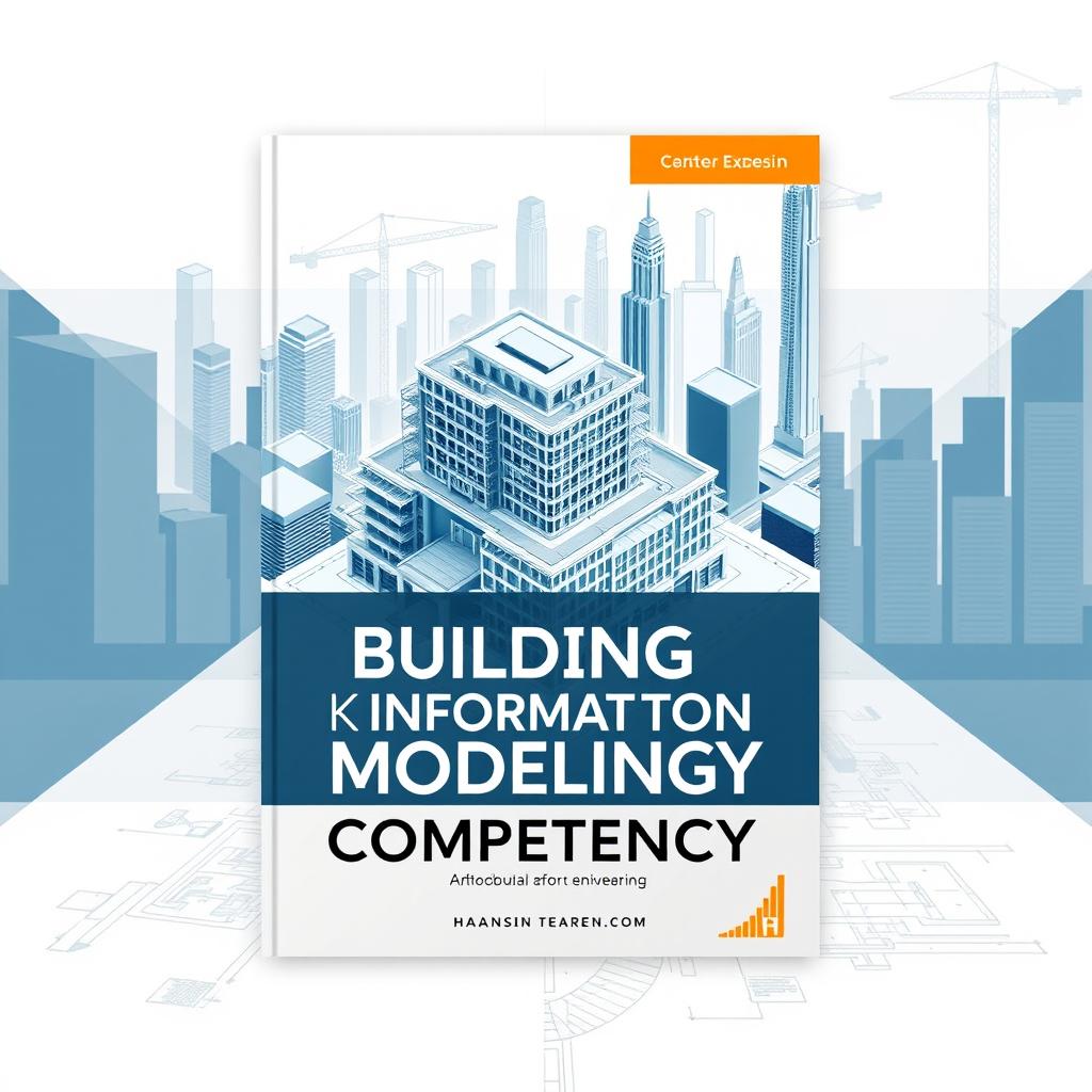 A sleek and modern book cover design for 'Building Information Modelling Competency', featuring an intricate 3D architectural model of a building surrounded by digital blueprints and technical drawings