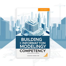 A sleek and modern book cover design for 'Building Information Modelling Competency', featuring an intricate 3D architectural model of a building surrounded by digital blueprints and technical drawings