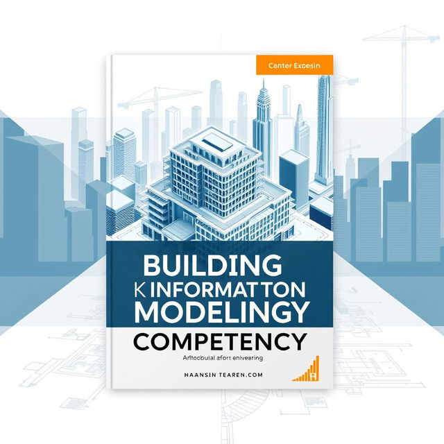 A sleek and modern book cover design for 'Building Information Modelling Competency', featuring an intricate 3D architectural model of a building surrounded by digital blueprints and technical drawings