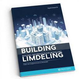 A sleek and modern book cover design for 'Building Information Modelling Competency', featuring an intricate 3D architectural model of a building surrounded by digital blueprints and technical drawings
