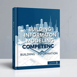A sleek and modern book cover design for 'Building Information Modelling Competency', featuring an intricate 3D architectural model of a building surrounded by digital blueprints and technical drawings