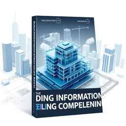 A sleek and modern book cover design for 'Building Information Modelling Competency', featuring an intricate 3D architectural model of a building surrounded by digital blueprints and technical drawings