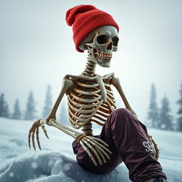 A decaying skeleton wearing a brightly colored ski cap, set against a cold, snowy backdrop